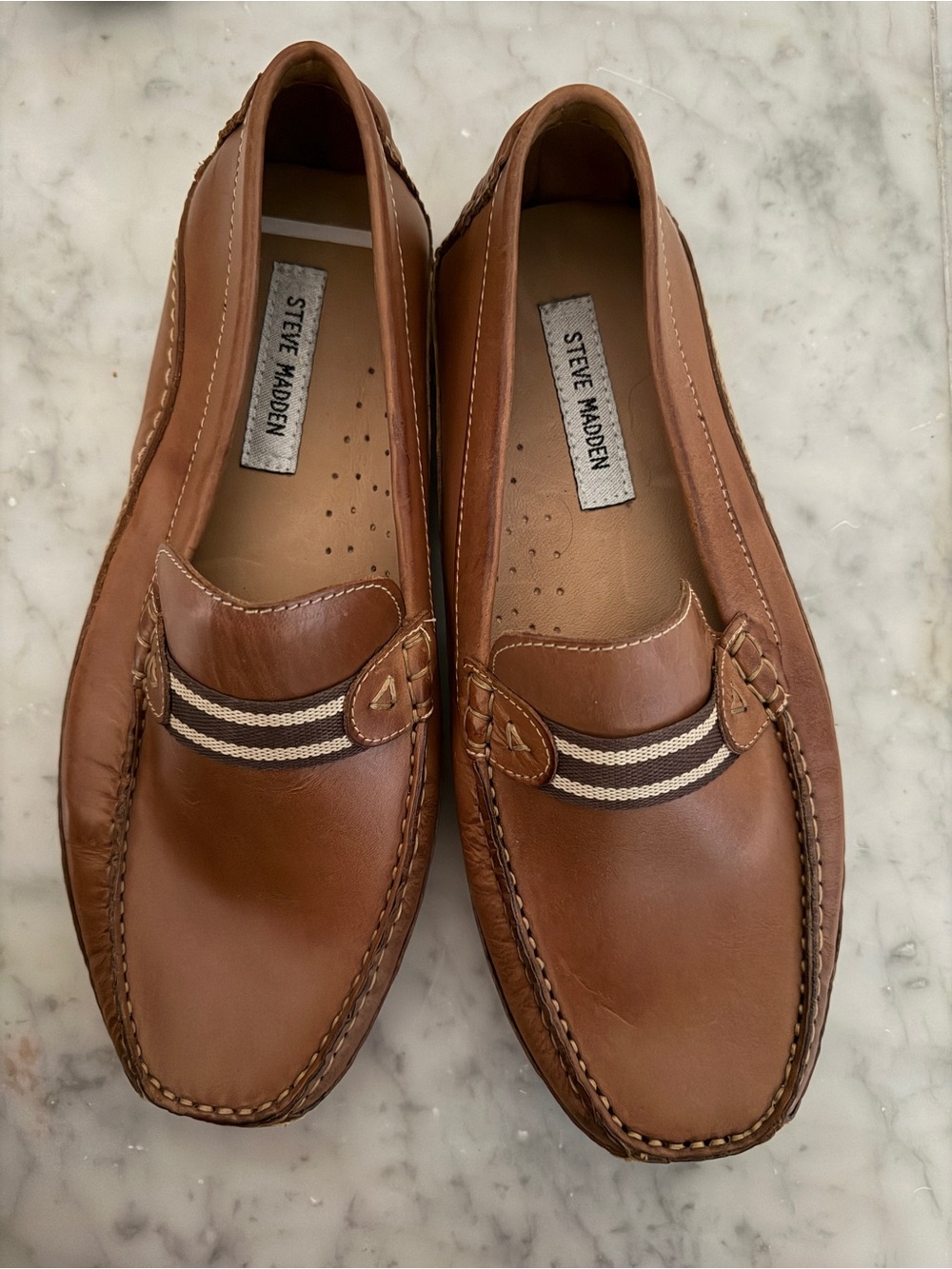 Steve Madden Tan Leather Slip-On Loafers with Striped Band